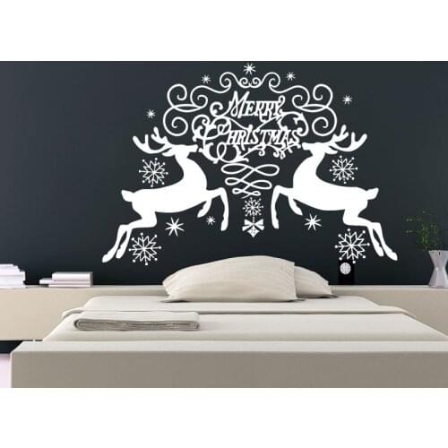 Double Running Reindeer With Snowflakes Vinyl Wall Stickers Merry Christmas Wall Art Living Room Decor Shop Poster S-30