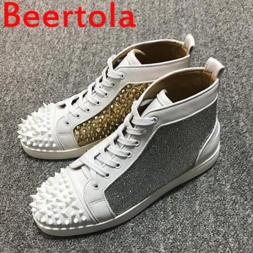 High Top Sneakers White Gold Spikes Mens Flats Shoes Casual Style Round Toe Tenis Masculine Crystal Brand Designers Chaussures