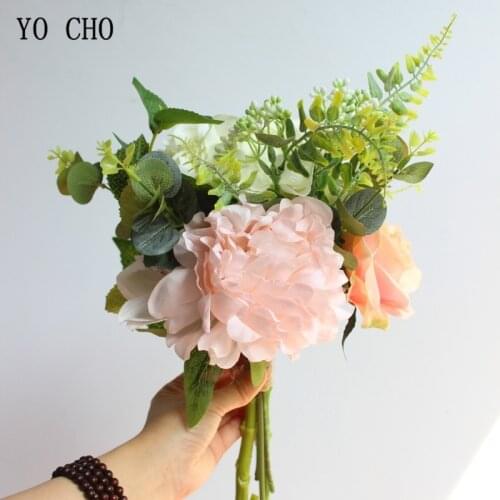 YO CHO Wedding Bouquet Handmade Flower Bridal Bouquets Artificial Silk Rose Peony Hydrangea Eucalyptus Leaves Wedding Supplies
