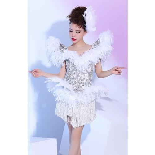 Z45 White feather women dresses ballroom dance costumes singer performance outfit clothe bar wears dj skirt club tassle bodysuit