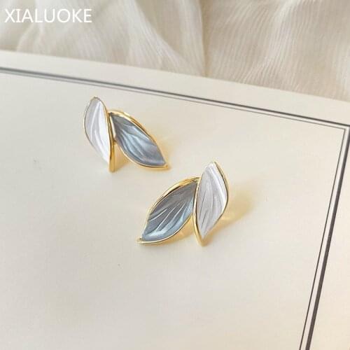 XIALUOKE S925 Needle New Fashion Contracted Painting Stud Earrings For Women Trendy Asymmetrical Leaf Earring Party Jewelry ER21