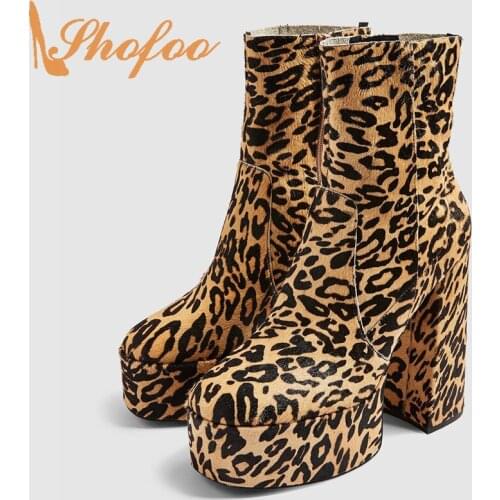 Shofoo Leopard High Square Heels Ankle Boots Woman Zipper Round Toe Platform Booties Large Size 13 15 Ladies Flock Shoes Fashion