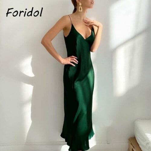 Foridol V Neck Strap Sleeveless Satin Dress Backless Women Party Long Dress Ladies Silk Green Summer Dress Sundress 2021