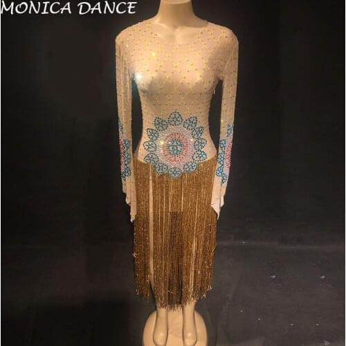 Women Sexy Mesh Perspective Gold Tassel Dress Evening Party Sexy Dresses Birthday Celebrate Costume Singer Performance Dress
