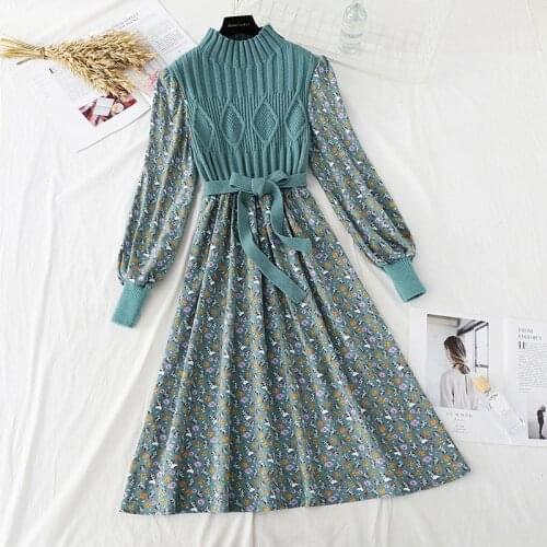 Fashion Autumn Winter Knit Patchwork Corduroy Vintage Dress Women Long Lantern Sleeve Flower Print Slim Bandage Midi Dress