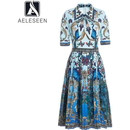 AELESEEN Luxury New Blue Dress 2021 Runway Summer Butterfly Fashion Beaded Peacock Flower Printed Dress Vitnage Dress for Women