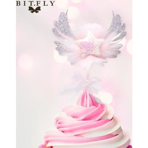 BIT.FLY Birthday Glitter Sliver Angel Wings Cake Topper Romantic Heart Pink Star Heart Cake Flag Kids Party Cake decorations