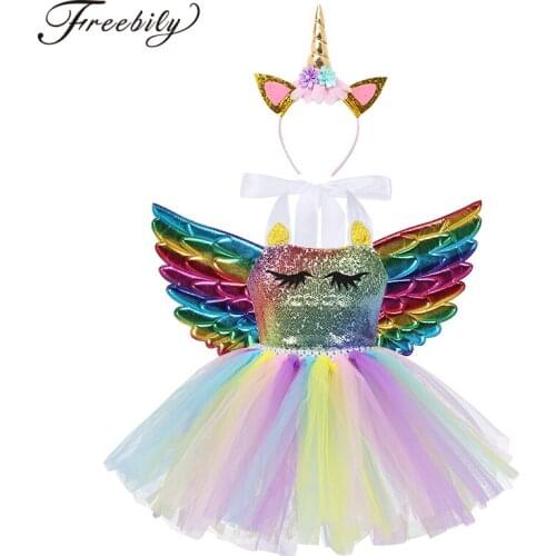 Kids Colorful Halter Neck Shiny Sequins Cartoon Mesh Tutu Dress with Hair Hoop Wings Set Girls Halloween Anime Cosplay Costume