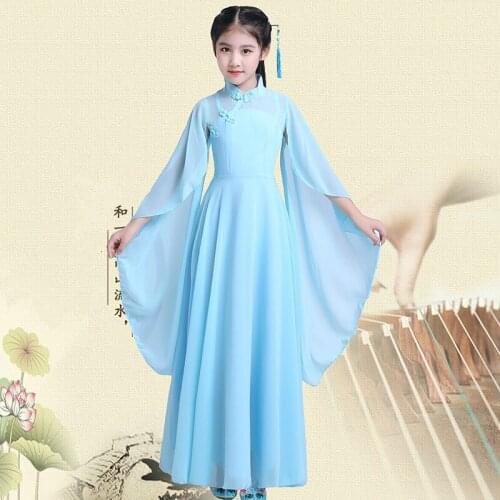 Tang Dynasty Ancient Hanfu Dress for Girls Traditional Folk Fairy Princess Dress Elegant Blue Guzheng Dance Performance Clothing