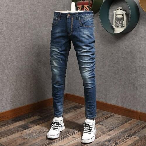 European Vintage Fashion Men Jeans Retro Dark Blue Elastic Slim Fit Ripped Jeans Men Distressed Wash Designer Casual Denim Pants