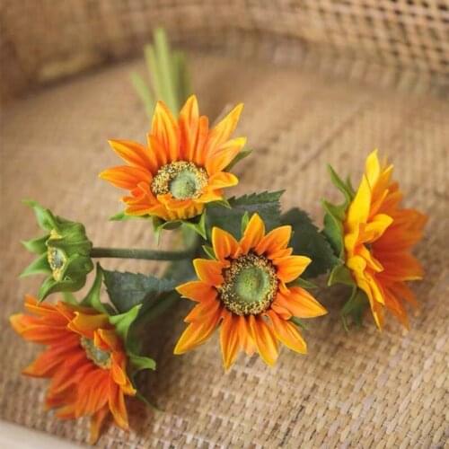 Simulated Flower 5 Heads Hand Tied Small Sunflower Orange Yellow False Plant Ornaments Living Room Decoration Retro Style
