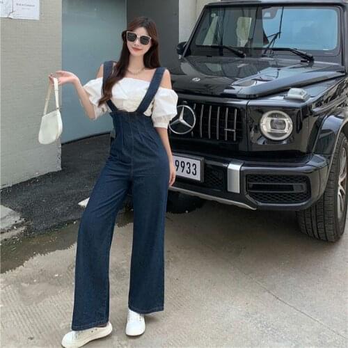 China to create new womens trousers simple versatile high waist wide legs loose straight jeans suspenders in stock