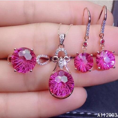 KJJEAXCMY Fine Jewelry 925 sterling silver inlaid natural pink topaz female ring pendant earring set trendy supports test
