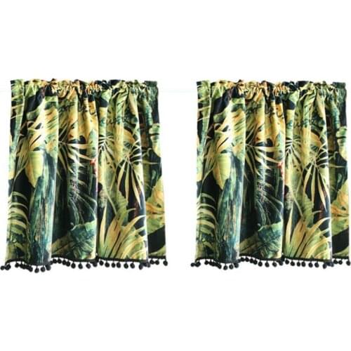 American Style Short Curtain Blackout Half-Curtains For Living Room Kitchen Cabinet Door Window Plant Printed Pompom Hem Curtain