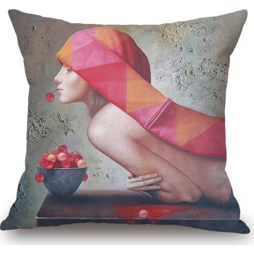 Beauty Girl Portrait Cushion Cover 45X45cm Hand Painting Decorative Beige Linen White Polyester Pillow Case Sofa Bedroom