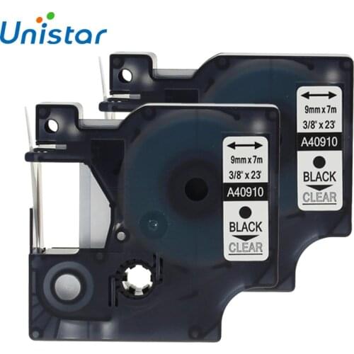 UNISTAR 2 PCS Compatible Dymo Label Tape 9mm Black On Clear 40910 Label Printer Ribbon For Dymo and for D1 Label Maker S0720670