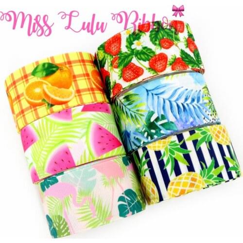 16mm-75mm Fruit Series Spring Leaf Pink Flamingo Printed Grosgrain/Foe Ribbon Pineapple Watermelon DIY Hair Band 50yards/roll