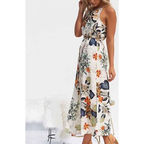 Summer Women Dress Sleeveless Belted Jacket Tunic Maxi Dress Womens Floral Print Boho Beach Dress Fashion Party Dresses