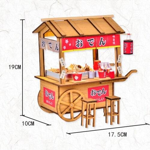 Dollhouse Miniature DIY House Kit Creative Street Stall Oden Stand Trolley with Furniture Food Ornaments for Gift
