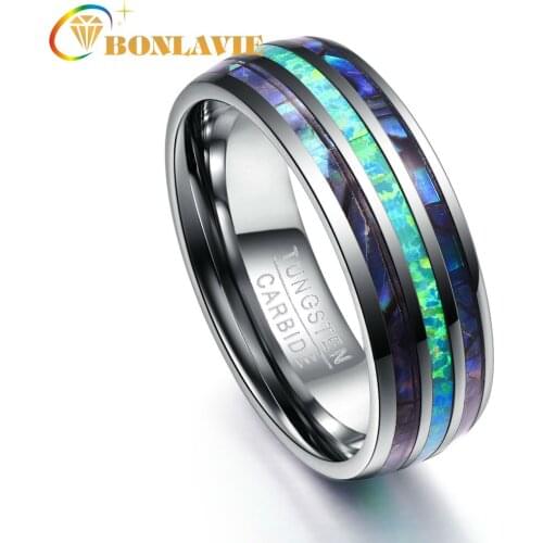 BONLAVIE Abalone Shell +Opal+Abalone Shell Tungsten Steel Rings for Men 8MM Width Elegant Smooth Mens Ring Top Grade