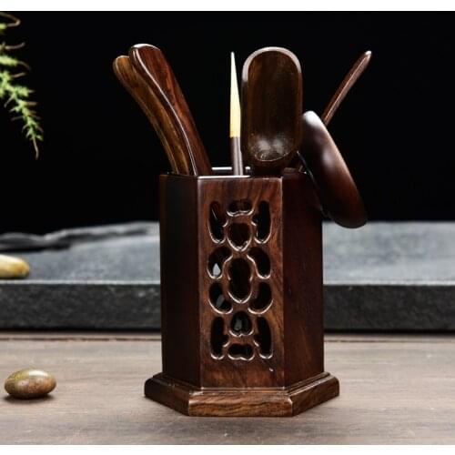 Chinese Cha Dao Set 6 Pieces Ebony Tea Utensils Chinese Kongfu Tea Set Accessories Chadao Six Gentleman Ebony Hexagon Cha Dao