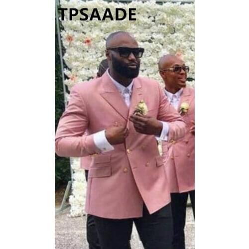Spring new double-breasted fashion design groom mens wedding dress custom suit 2 pieces black pants + pink blazer