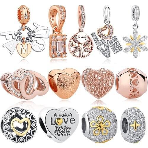 Original 925 Sterling Silver Charm Bead Heart Family Tree Snowflake Rose Gold Crystal Charms Fit Bracelet DIY Jewelry