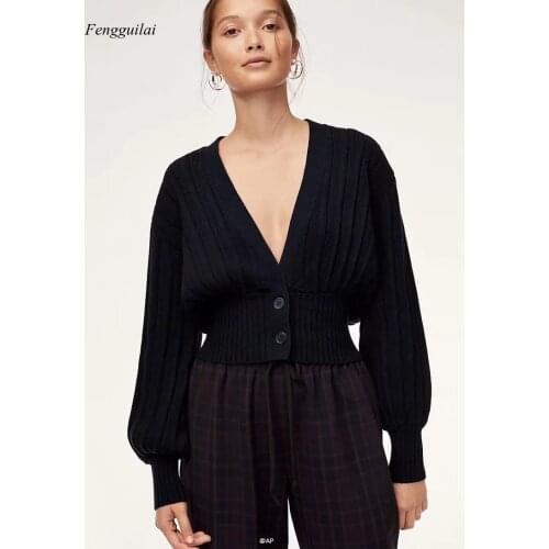Autumn and Winter Short Two Button Lantern Sleeve Cardigan Sweater Euro American Tunic V-Neck Sweater