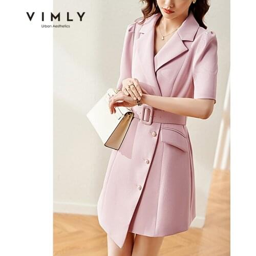 VIMLY Elegant Dresses For Women Summer Irregular Mini Dress Office Lady Puff Sleeve Buttons Sashes Womens Dress Vestidos F8051