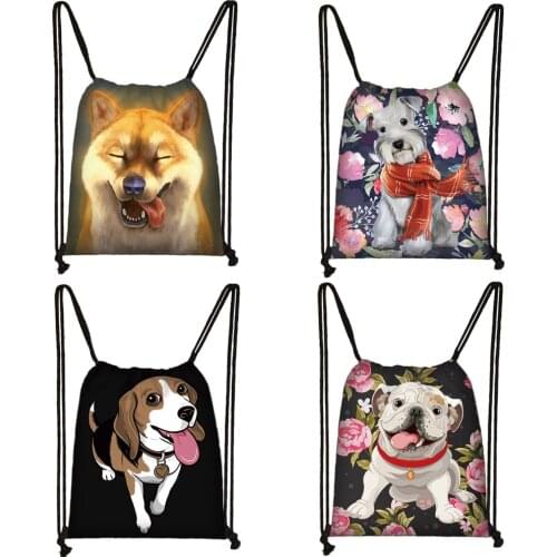 Cute Yorkshire Terrier / Shiba Inu / Beagle / Bulldog Drawstring Bag Women Fashion Storage Bag Puppy Dog Travel Bags Backpack