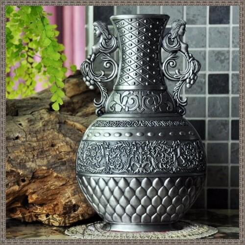 Europe H25CM Ancient tin color vintage vase home decoration vases alloy metal flower vase for table decoration vase 012B