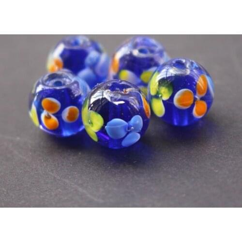 10Pcs 12mm Handmade Glass lampwork beads 3 colored Flower Dark Blue Color for jewelry making Wholesale and Retail