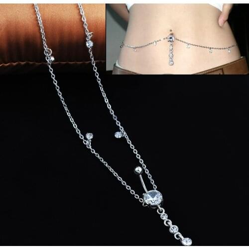 Rhinestone Dangle Belly Button Ring With Waist Chain Drop Pendant Navel Piercing Body Jewelry
