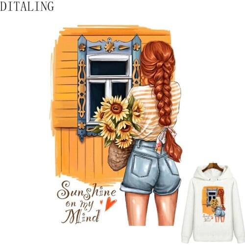 Sunflower Girl Thermal Transfer Patch DIY T-Shirt Eco-Friendly Washable Clothing Stickers Stripe Iron-On Transfers Fabric Patch