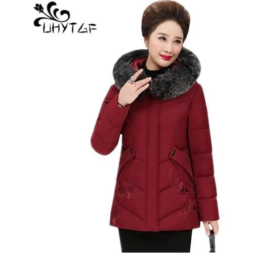 UHYTGF Womens winter coats fur collar down jacket Parker women Fashion embroidered hooded cold warm coat loose plus size top 492