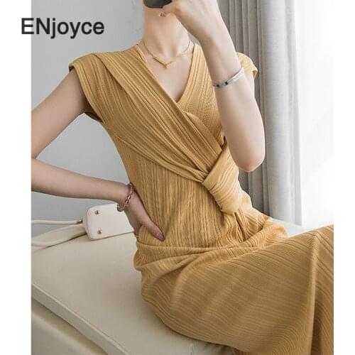 Vintage Thin Cool Knitted Split Midi Dress for Women Korean Clothes Casual Slim Short Sleeve Skirt Ladies Long Dresses Summer