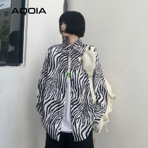 2021 Summer Hip Hop Button Up Women Blouse Tunic Shirt Zebra pattern Long Sleeve Oversize Ladies Shirts Turn Down Collar Tops