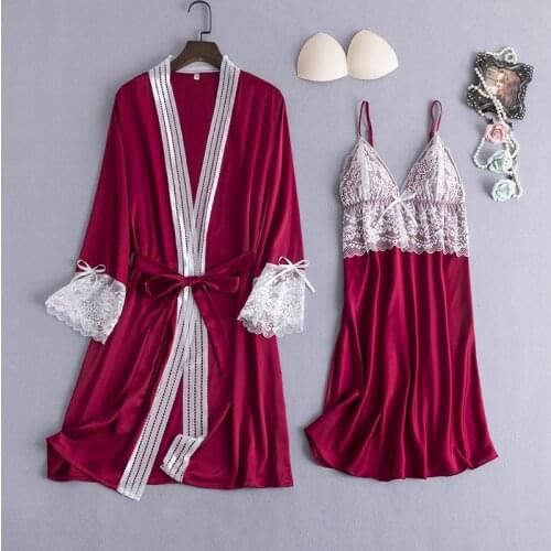 Burgundy Women Sleepwear 2pcs Pajamas Set Sexy V-Neck Summer Home Clothing Nightwear Lace Flower Robe Gown Sleep Suit Negligee