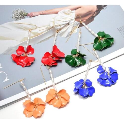 New Shiny Metal Oiled Long Dangle Drop Earrings Fine Pearl Jewelry Accessories For Women Wholesale Colorful Pendientes Bijoux