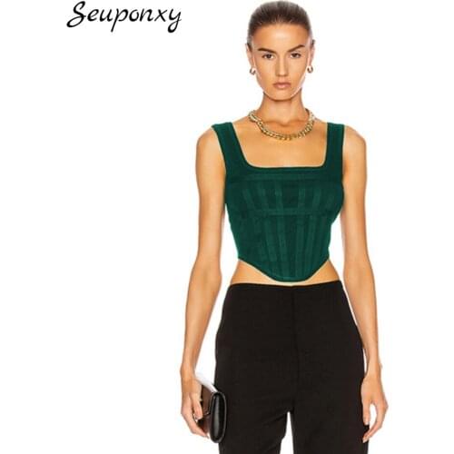 High Quality 2021 Summer New Womens Solid Color Bodycon Bandage Top Sexy Sleeveless Backless Striped Club Party Short Vest