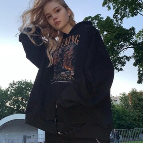 European and American street warm female loose hedging top women Y2K park retro Harajuku black death print hooded sweater