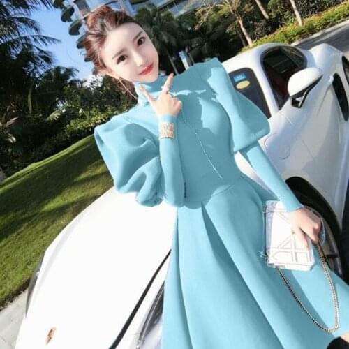 Runway Designer Spring High Neck Puff Sleeve A-Line Dress Women Long Sleeve Slim High Waist Sexy Club Party Dress