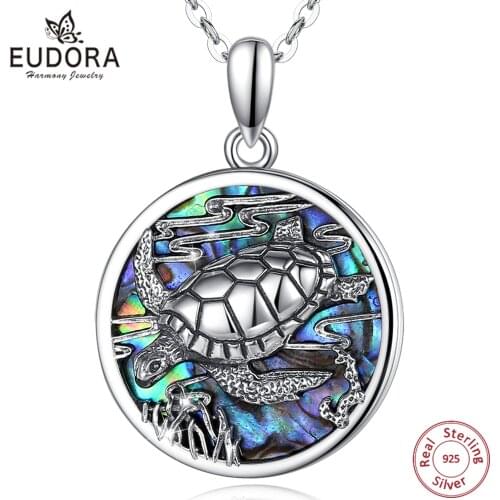 Eudora 925 Sterling Silver Ocean sea turtle Pendant Natural mother oyster animal Blue colorful fine Necklace Jewelry for women