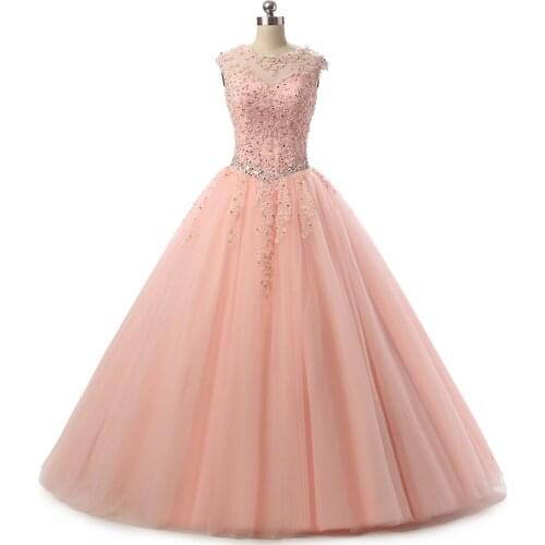 2019 Pink Quinceanera Dress vestidos de festa longo Ball Gown Beaded Lace Open Back Sweet 15 Dresses