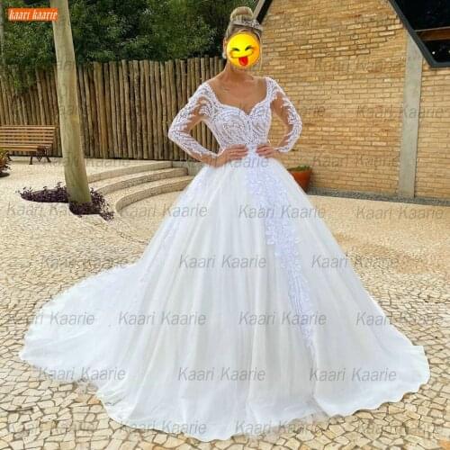 Elegant O Neck Wedding Dresses White Long Sleeves 2021 Vestido De Novia Lace Appliqus Bride Gown Customized Vestido De Casamento