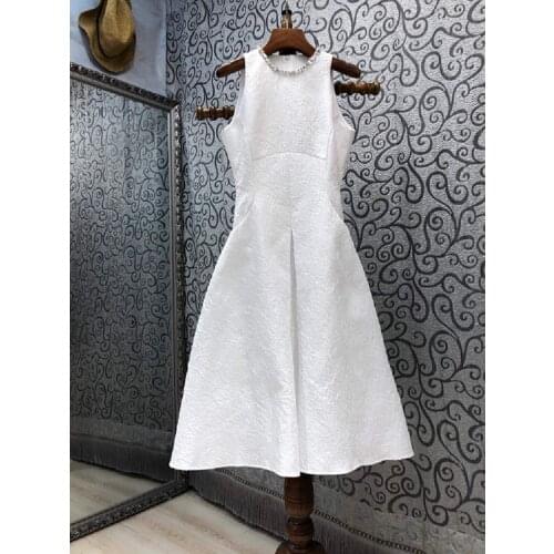 Top Quality New Summer Dress 2021 Fashoin Party Vintage Women Beading Deco Sleeveless Mid-Calf Length Large Swing Dress White