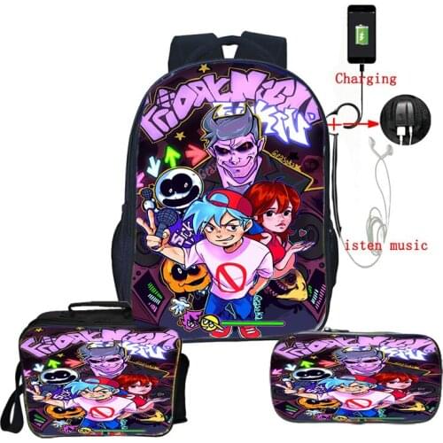 3Pcs/Set Friday Night Funkin Usb Backpack Lunch Bag Pen bag Children School bags Teens Travel Backpacks for Boys Girls Bookbag