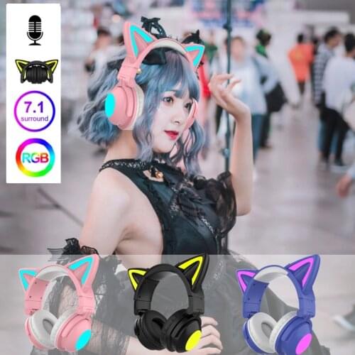 Led Light Cat Ear Gamer Headphones For Girls,7.1 Stereo Wireless Headsets Control Light Color, Phone Gamer Headphones Girls Gift