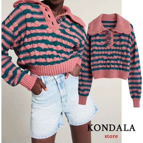 KONDALA Za 2021 Vintage Striped Ruffles Knitted Cotton Sweaters Women Long Sleeve Fashion Autumn Pullovers Casual Mujer Tops