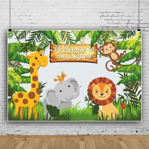 Laeacco Welcome To My Safari Birthday Party Jungle Green Forest Customzied Poster Portrait Photo Background Photo Backdrops